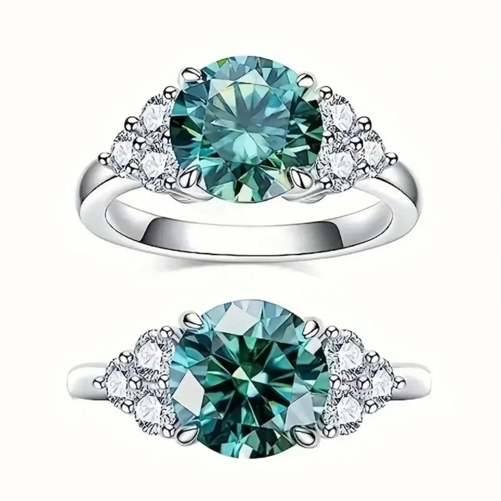Seawater Blue Zircon Ring Round Cut Silver Tone Engagement Style Statement Ring